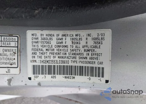 2003 Honda Civic Lx z USA, uszkodzony, nr VIN 1HGEM22553L038410